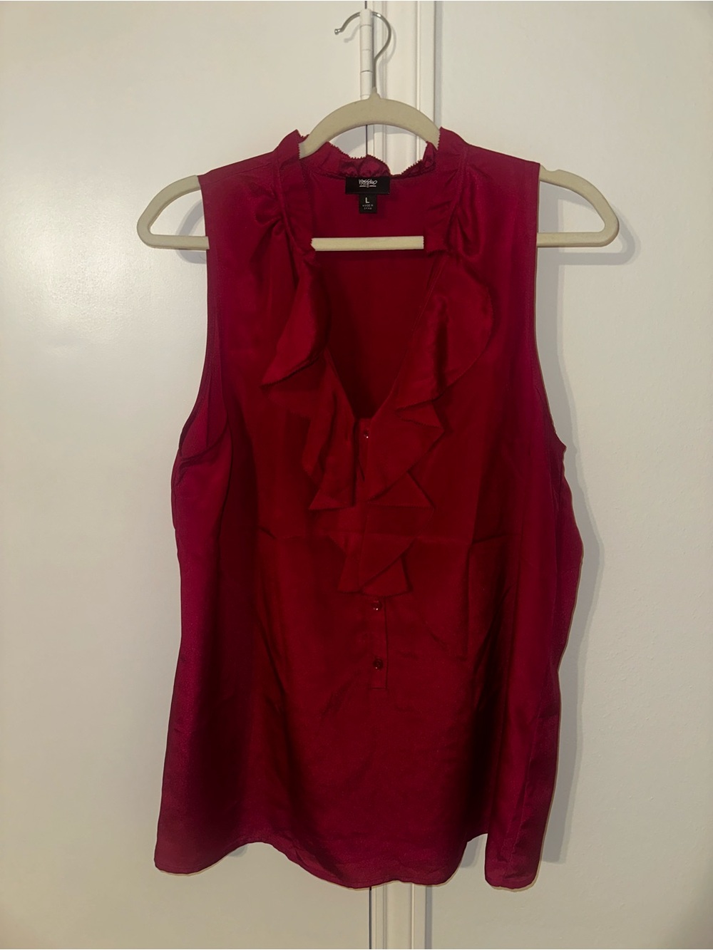Sleeveless Ruffle V-Neck Blouse in Bright Burgundy red